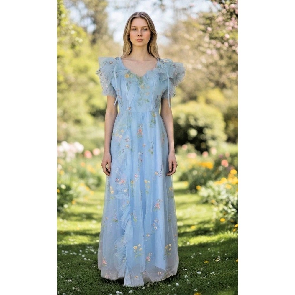 Lt. Blue Maxi Fairy Dress 6 Floral Embroidery Tulle Slit Corset Puff Sleeve NWT